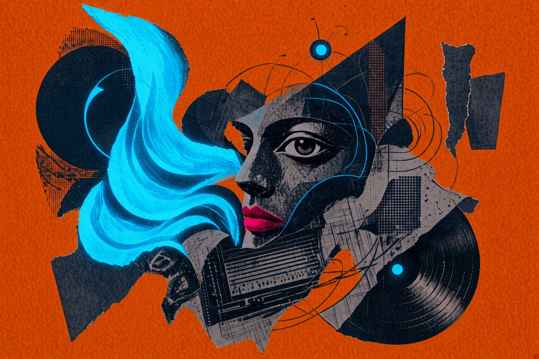 Collage portrait exhaling cyan, vinyl and radar geometry
