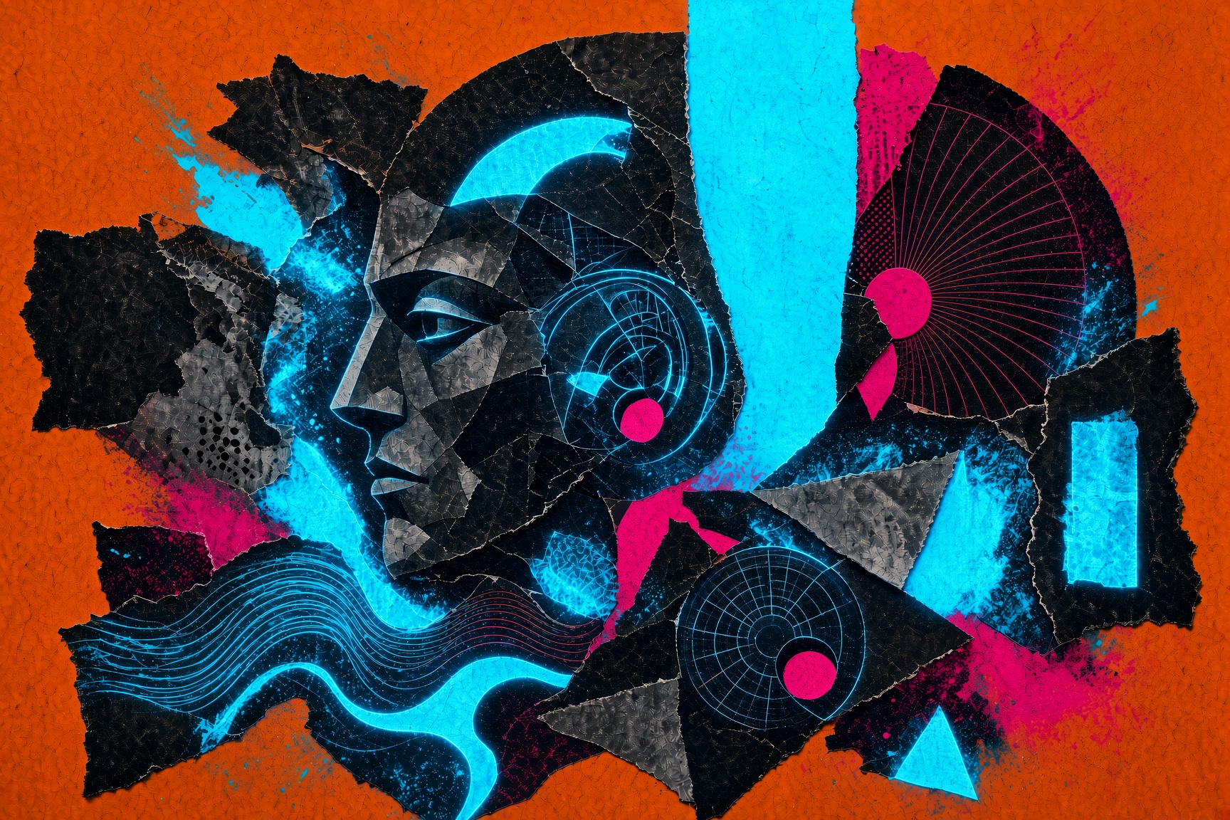 Xerox collage portrait of HEARO — torn paper, cyan voltage, burnt orange ground