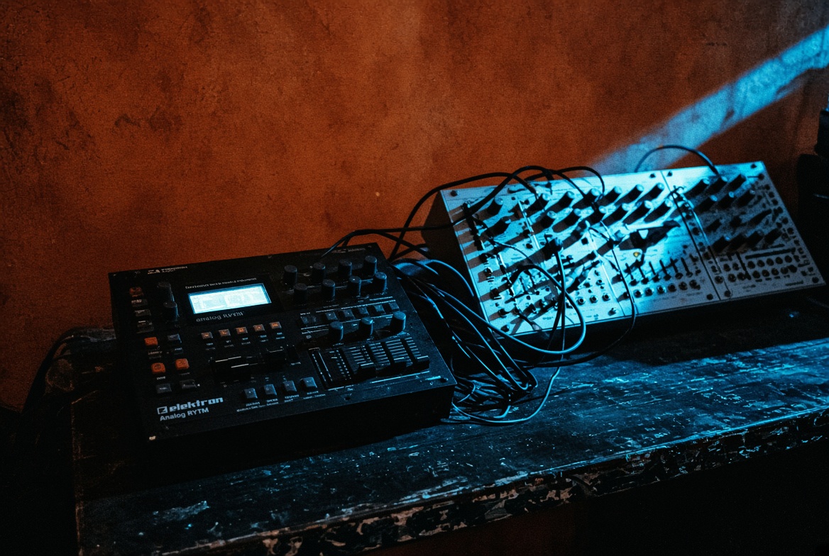 Elektron Analog Rytm and modular synth on a worn table, cyan rim