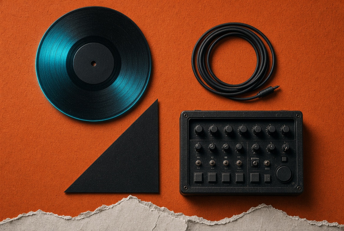 Vinyl, black triangle, coiled cable, drum machine on orange paper